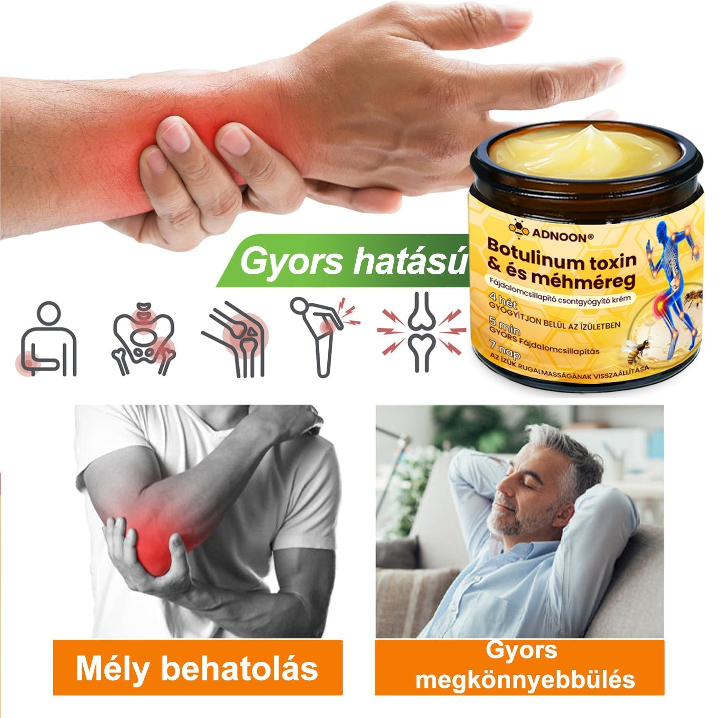 ADNOON® Botulinum Toxin & Méhméreg Fájdalomcsillapító Csontgyógyító Krém⭐👨‍⚕️A Magyar Ortopéd Társaság (MOT) Által Jóváhagyva